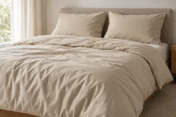 Sandfarbene Bettwäsche auf einem gemachten Bett