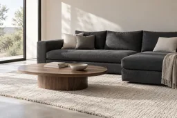 Wohnzimmer mit Leinensofa und Nussbaumtisch