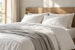 Helles Schlafzimmer mit naturweißer Bettwäsche