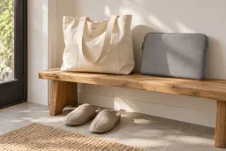 Shopper, Laptop-Hülle und Hausschuhe im Flur