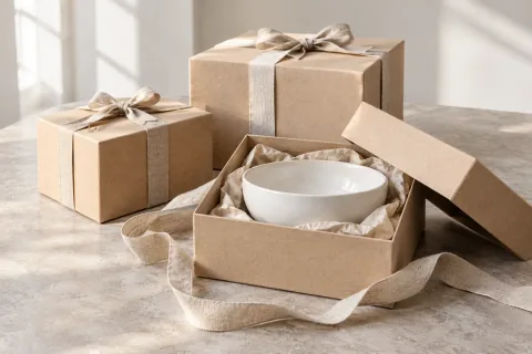 Geschenke mit Leinenband und Keramikschale