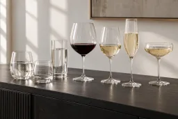 Wasser-, Wein- und Sektgläser auf einer Konsole