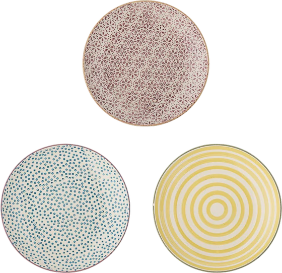 Bloomingville Patrizia Frühstücksteller – 3er Set aus 100% Steinzeug in Blau, Gelb, Rot & Grün mit gewelltem Rand