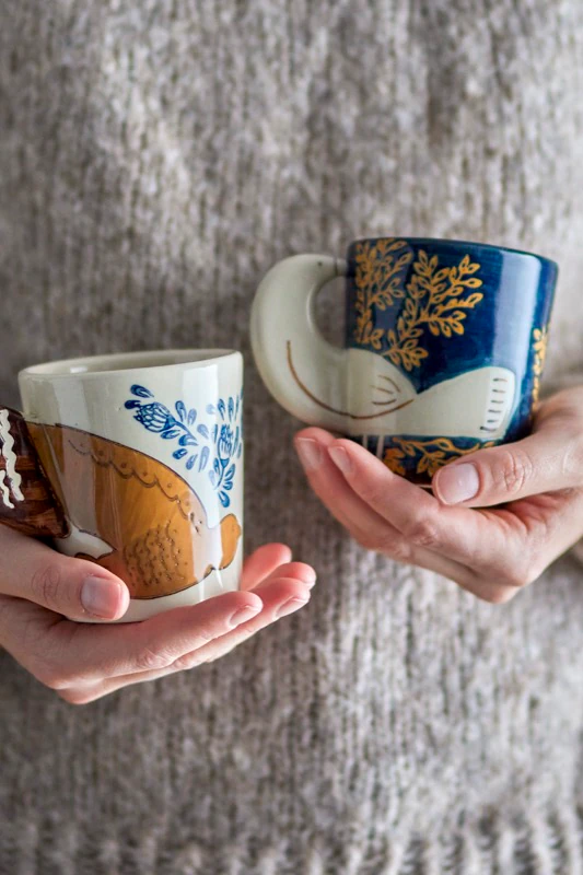 Kaffeetasse Steinzeug Bloomingville Hezha Blau 3D-Vogelmotiv