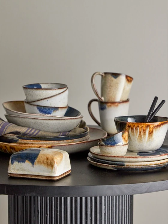 Speiseteller Bloomingville Jules Blau Steingut Unikat 22cm