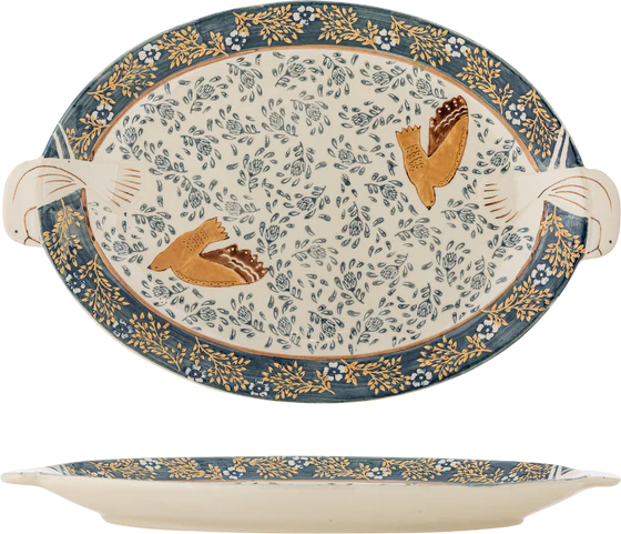 Serviertablett Steingut Blau Bloomingville Hezha Unikat Vintage