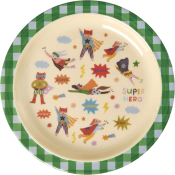 Kinderteller Melamin Grün Hero Print Rice by Rice – Bruchfest BPA-frei