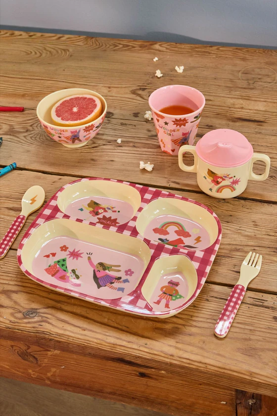 Kinderteller mit Unterteilung Rice by Rice Hero Print Rosa