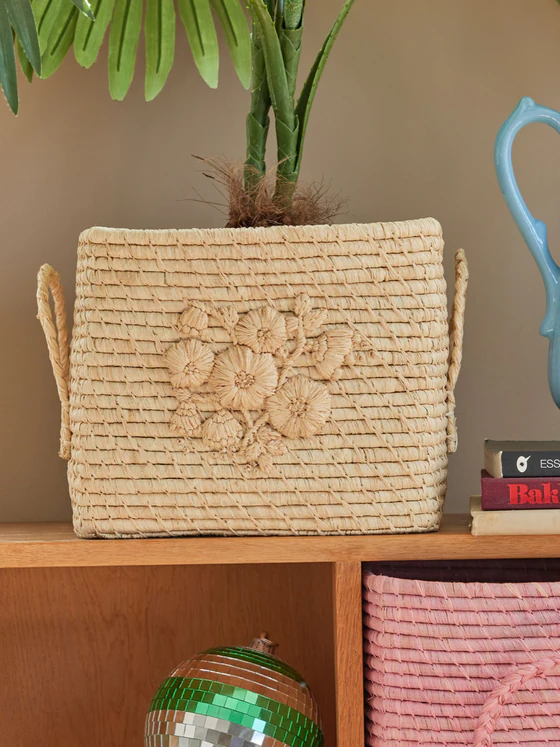 Handgefertigter Aufbewahrungskorb Raffia Natur Blumen Rice by Rice