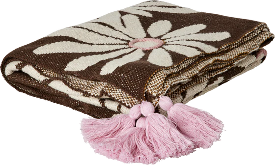 Strickdecke Rice by Rice Schokoladenbraun Blumenmuster Baumwolle