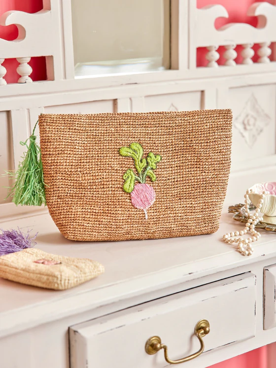 Handgefertigte Clutch-Tasche Raffia Rice by Rice Naturfarben Radieschen