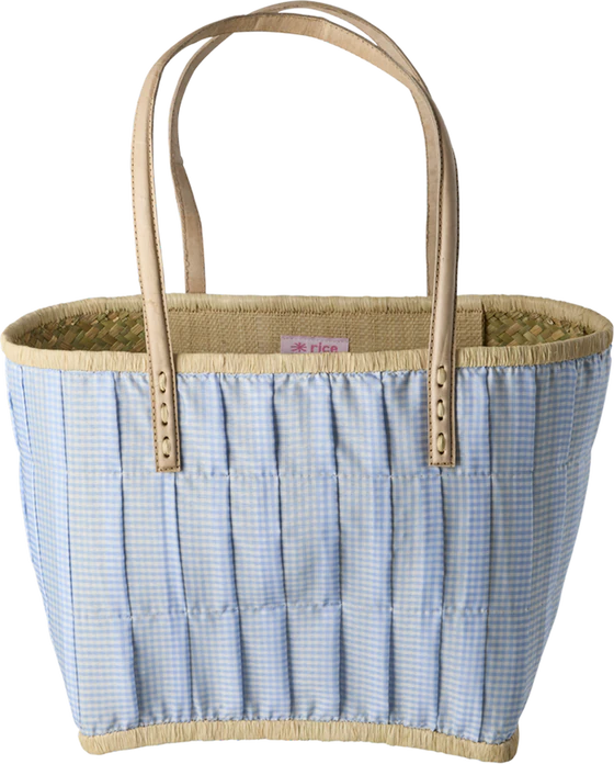 Einkaufskorb Raffia Stoffüberzug Ledergriffe Blue Vichy Rice