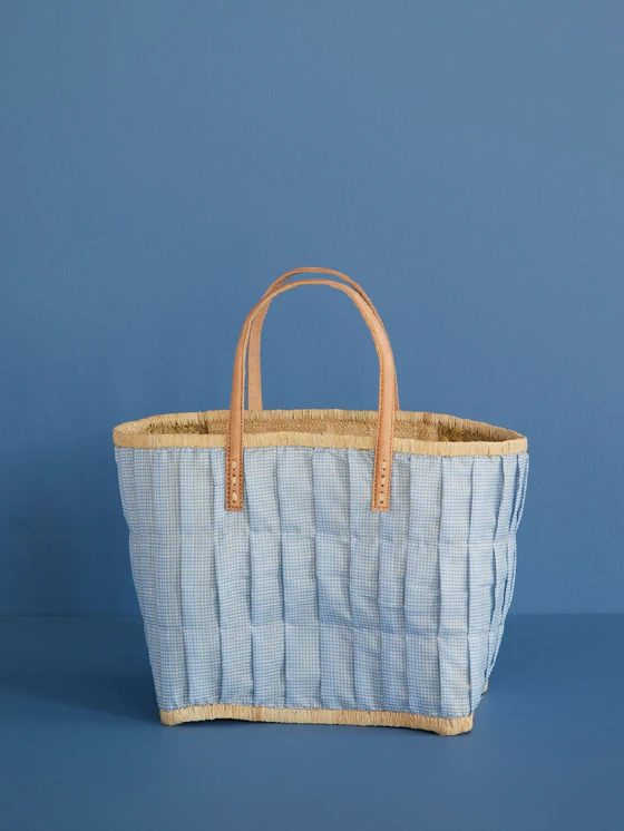Einkaufskorb Raffia Stoffüberzug Ledergriffe Blue Vichy Rice