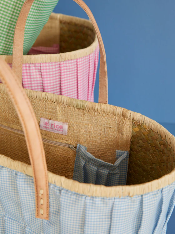Einkaufskorb Raffia Stoffüberzug Ledergriffe Blue Vichy Rice