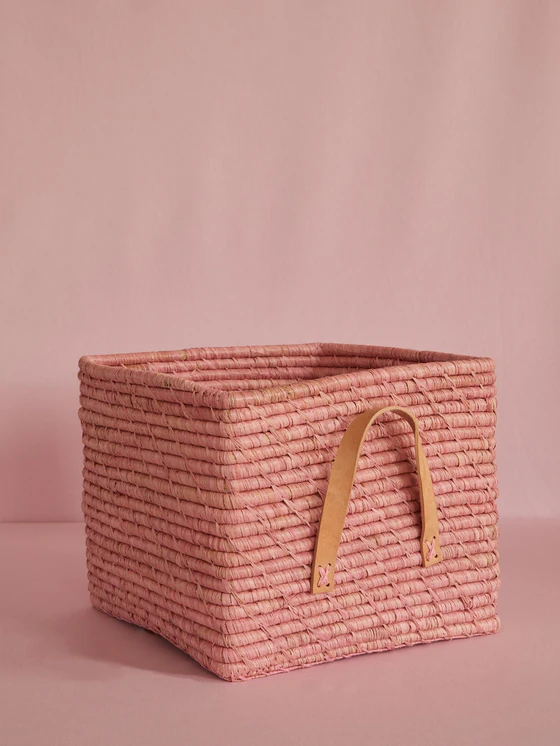 Aufbewahrungskorb Rice by Rice Soft Pink Ledergriffe Raffia