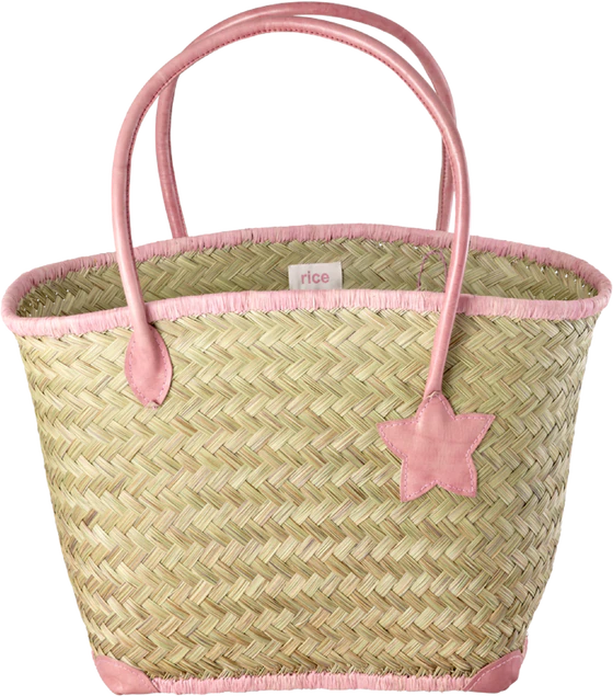 Tragetasche Raffia Lederhenkel Pink Groß – Rice by Rice