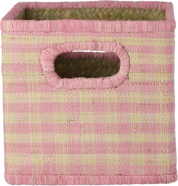 Quadratischer Raffia Aufbewahrungskorb klein Pink Checks Rice by Rice