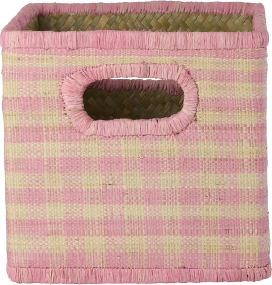 Quadratischer Raffia Aufbewahrungskorb klein Pink Checks Rice by Rice